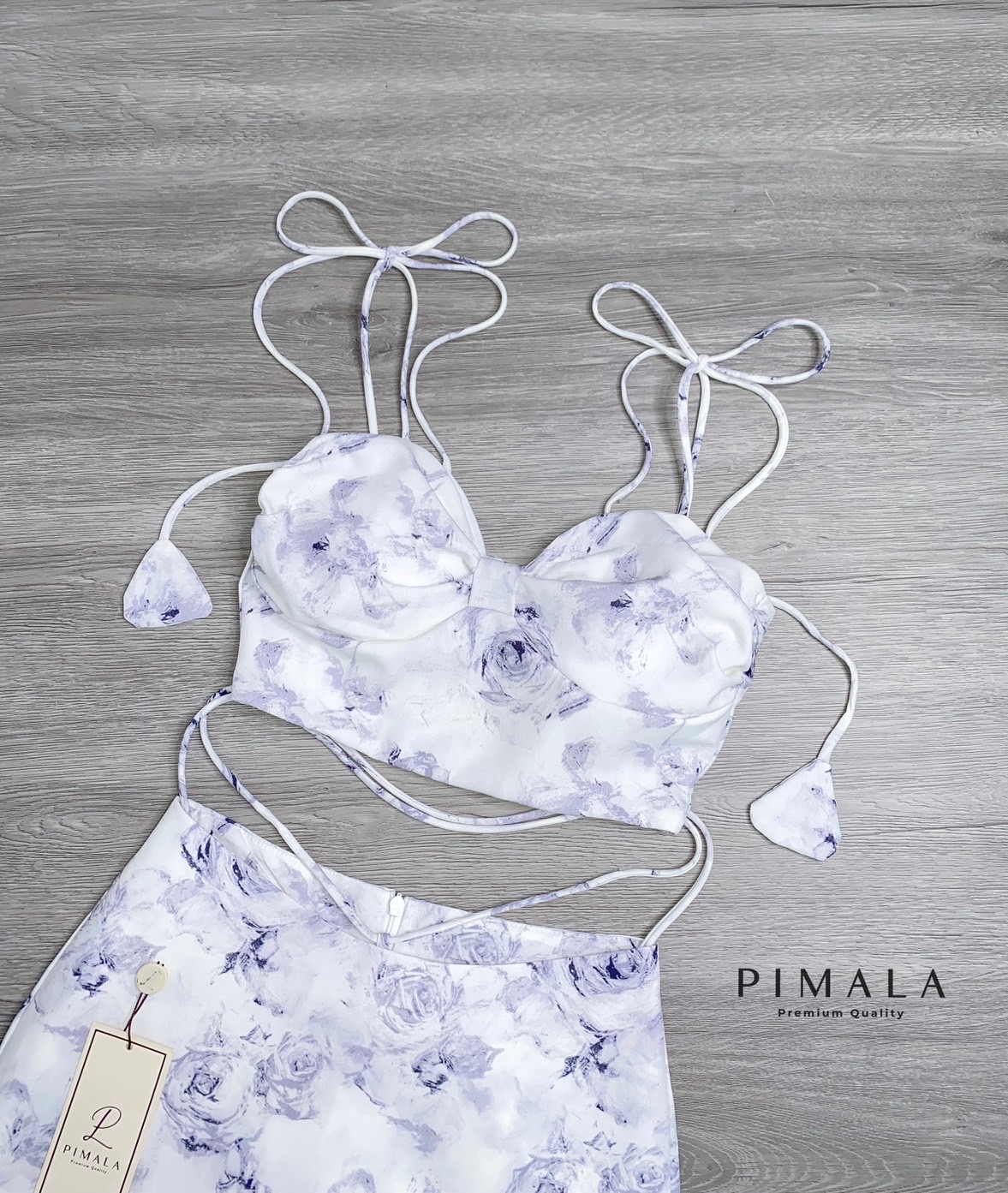 SETเสื้อสายเดี่ยวสายผูกโบว์ปรับระดับได้