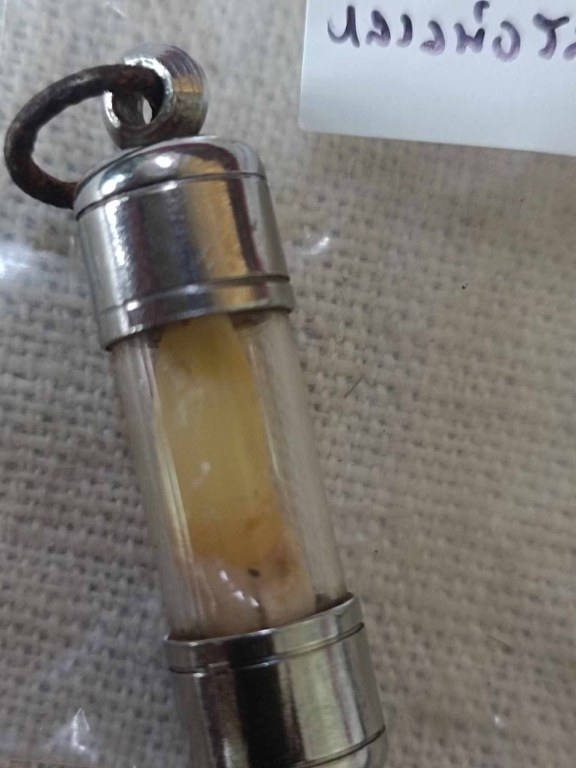 พระทันตธาตุ หลวงพ่อรส วัดหนองไข่ จ.แพร่ ได้มาจากคุณวินัย อายุ 84 ปี อดีตนายอำเภอ หลายพื้นที่ คุณวินัย นับถือหลวงพ่อรส เคยรับใช้และเก็บสะสมวัตถุมงคลของหลวงพ่อรส ได้รับพระทันตธาตุหลวงพ่อรสมาเมื่อ พ.ศ.2531 ท่านวินัย รับใช้หลวงพ่อรสจนหลวงพ่อรสมรณภาพ