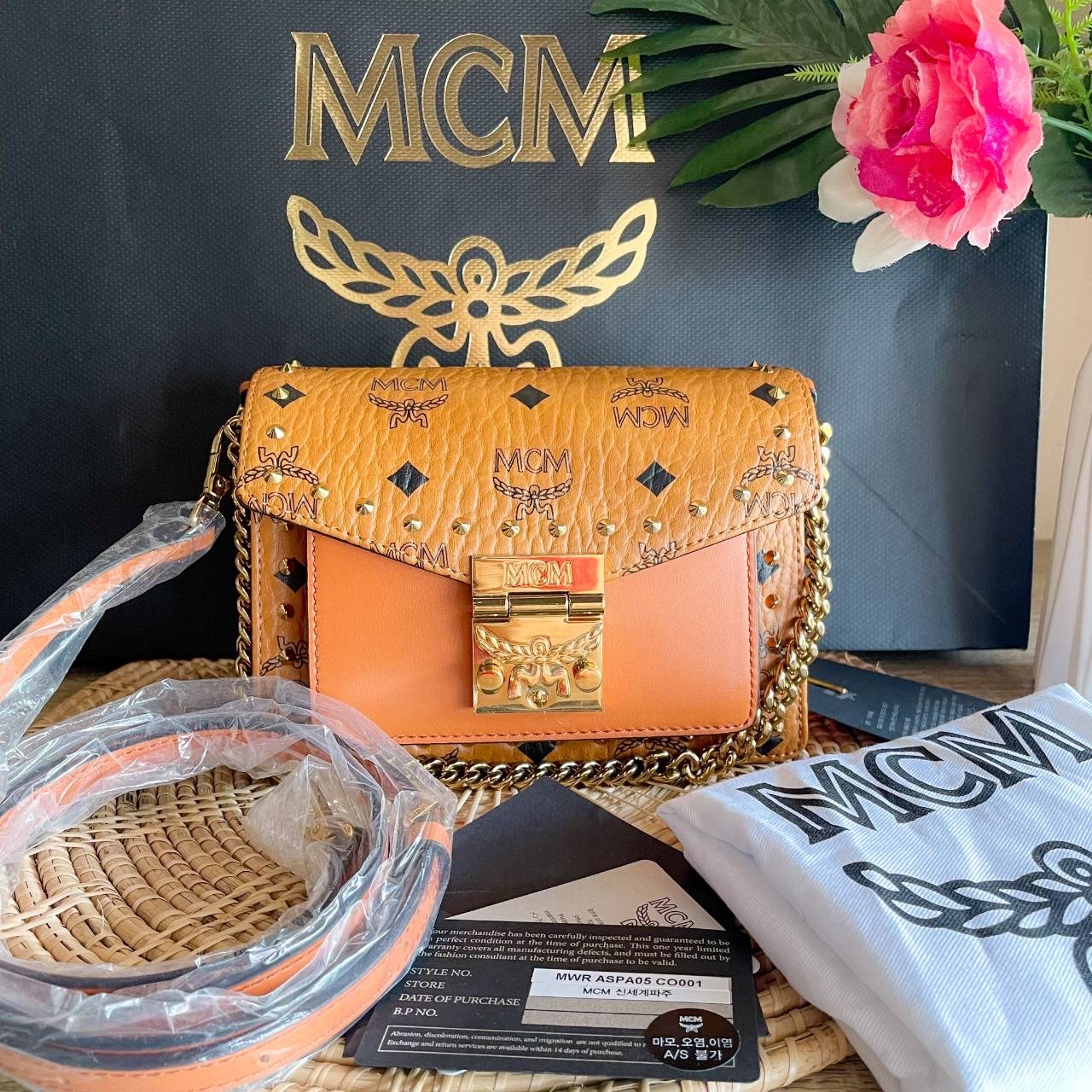 New MCM Patricia Crossbody in Studded Visetos (shop เกาหลี) Details • Approximately 8.0 x 18.0 x 12.5 cm • 97 cm to 122 cm strap length