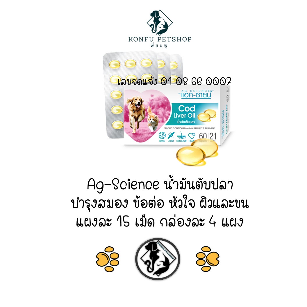 Ag-Science Cod Liver Oil น้ำมันตับปลา บำรุงผิวและขน 60 เม็ด/กล่อง 1 กล่อง 4 เเผง / 1 แผง 15 เเคปซูล