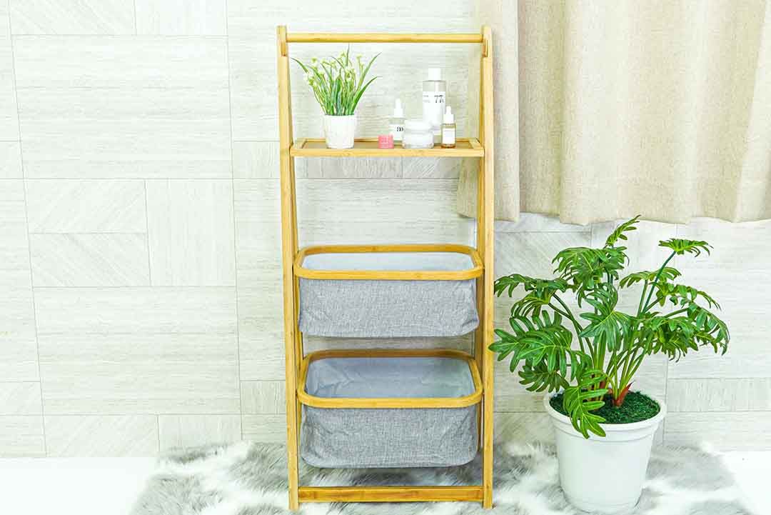 Foldable storage shelf ชั้นใส่ของพับได้ แบบตะกร้าผ้า 2ชั้นมีถาดวาง 45x33x108 cm