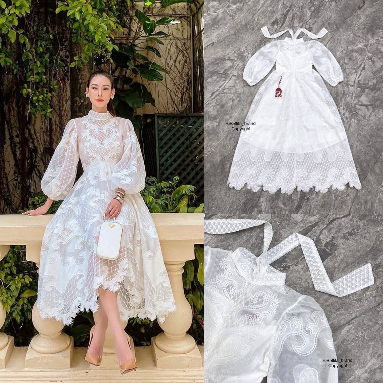 ⟡˒𝓑𝑒𝑙𝑙𝑖𝑡𝑎 เดรสยาวสีขาวผ้าลูกไม้