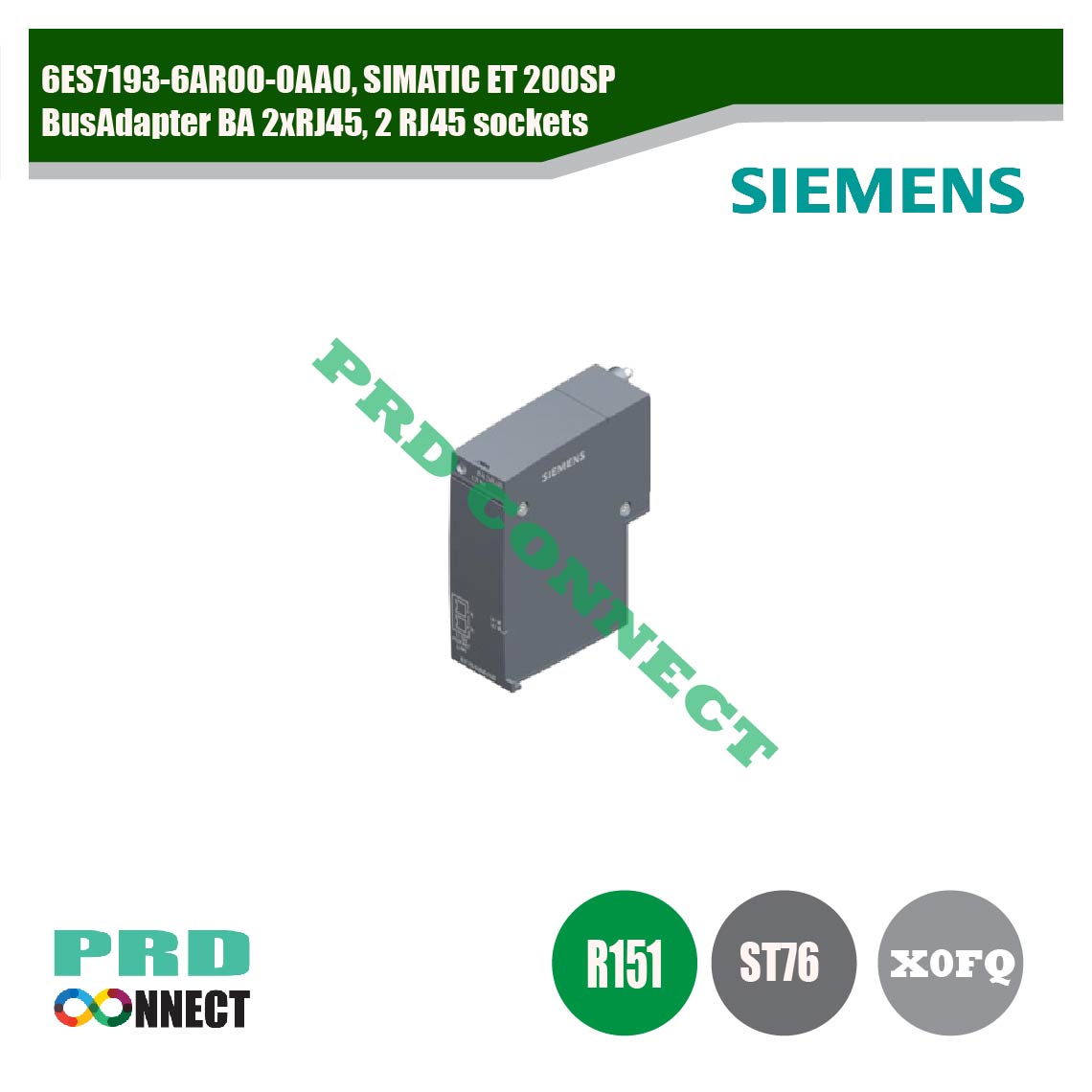 6ES7193-6AR00-0AA0, SIMATIC ET 200SP, BUSADAPTER BA 2xRJ45, 2 RJ45 SOCKETS, SIEMENS