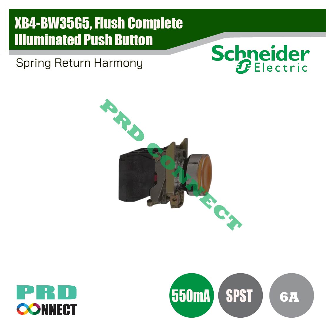 XB4-BW35G5, Flush Complete Illuminated Push Button, Spring Return Harmony, Schneider