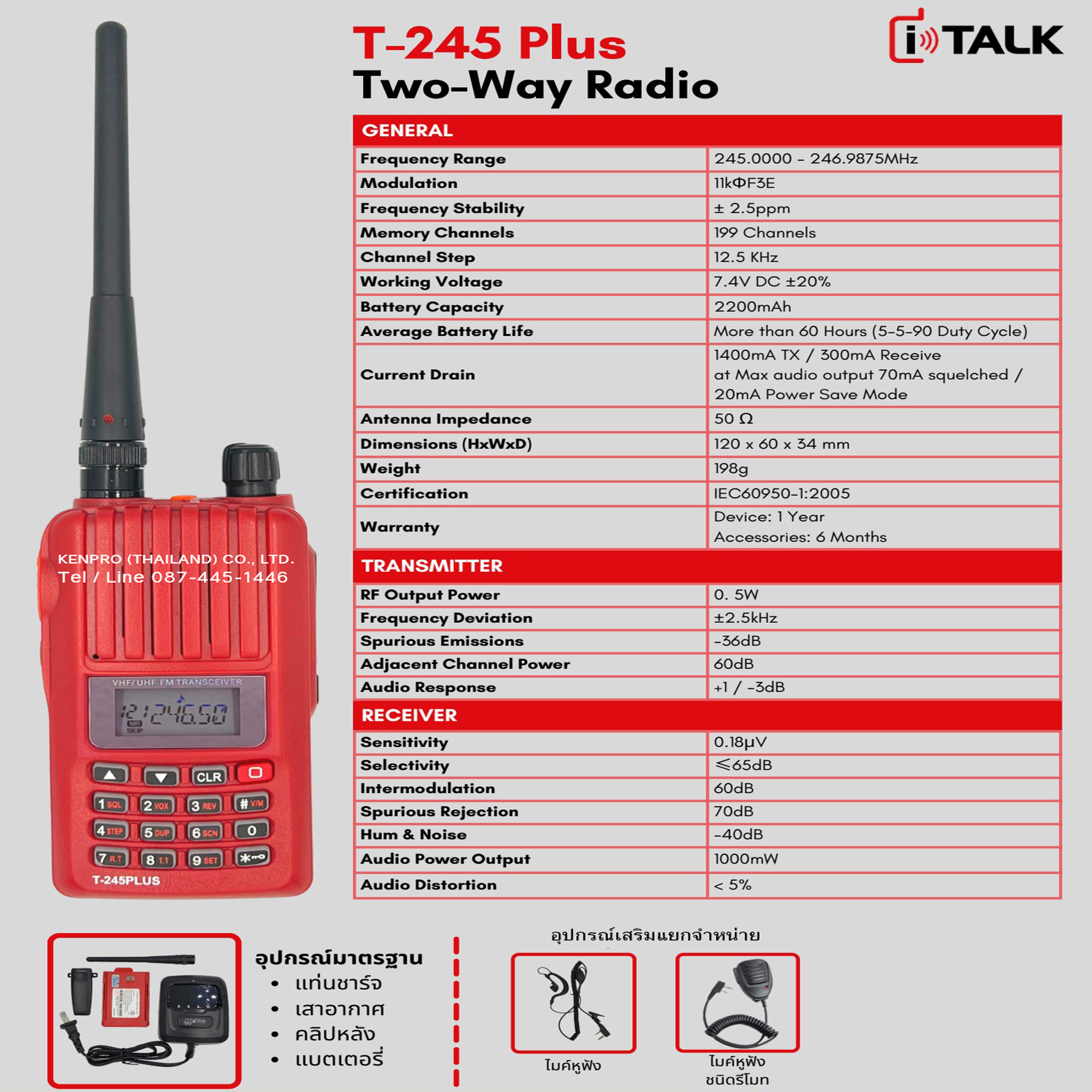 วิทยุสื่อสาร I-TALK รุ่น T-245 PLUS 0.5 W เครื่องแดง