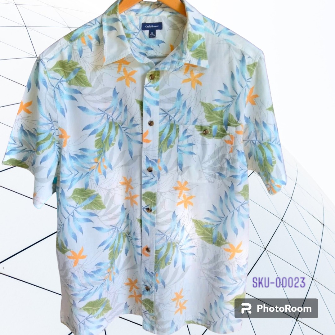 เสื้อฮาวายมือสอง ป้าย Croft & Barrow ลายใบไม้หลากสี ผ้า 100% Cotton อก 27 ยาว 31 ราคา 250 บาท ค่าจัดส่งเหมา ๆ 30 บาท (สั่งกี่ตัวก็ได้)