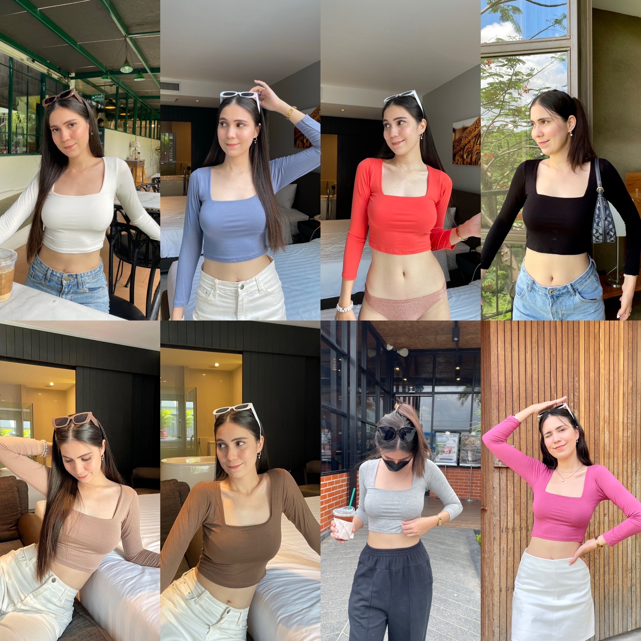 🍊Brandy Crop🍊 เสื้อครอปคอเหลี่ยมแขนยาว ผ้าเรยอนยืด