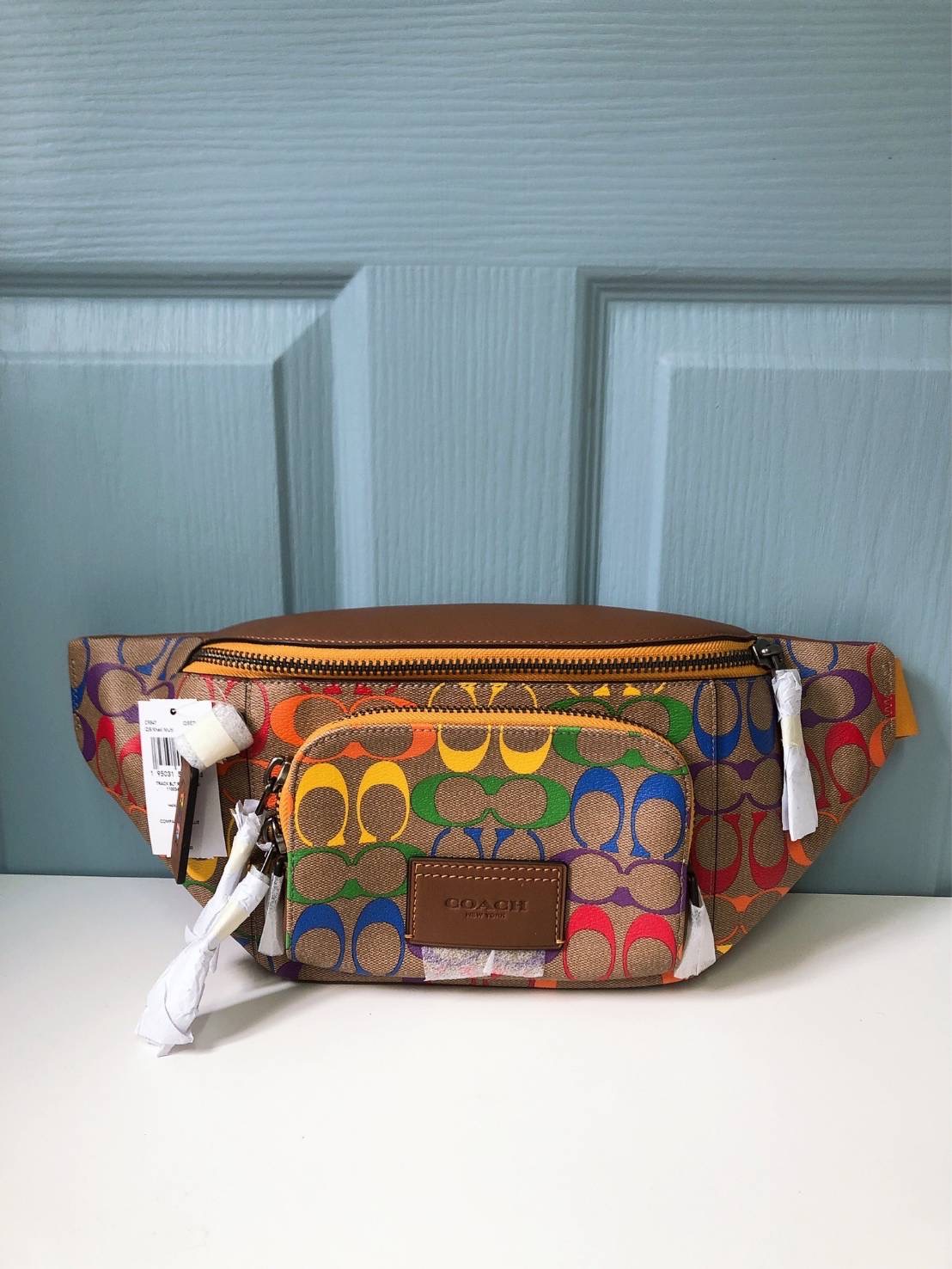 New COACH Track Belt Bag In Rainbow Signature Canvas