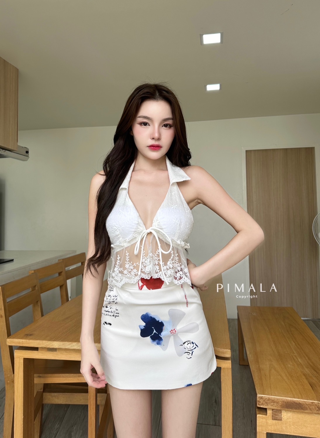 SETเสื้อ+กระโปรงเสื้อคอปกสีขาวลายลูกไม้