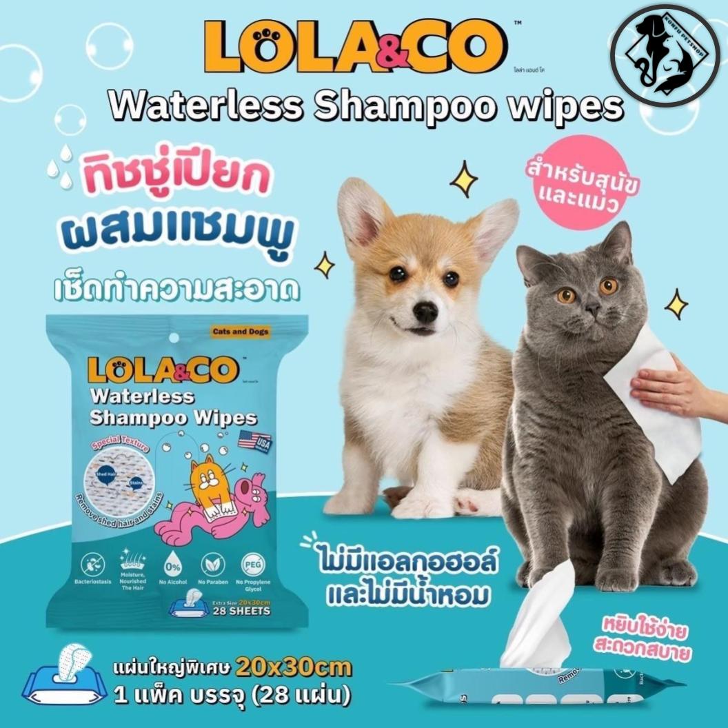 Lola&Co โลล่าแอนด์โค ทิชชู่เปียกผสมแชมพู ผ้าเปียกผสมแชมพูสำหรับสัตว์เลี้ยง ไม่ต้องล้างน้ำ บรรจุ 28แผ่น