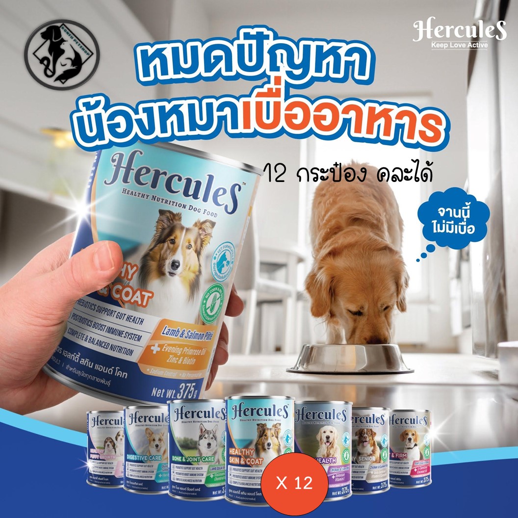 **12 กระป๋องคละได้** Hercules สูตรใหม่ อาหารเปียกกระป๋อง สุนัข ขนาด 375g Premium Performance