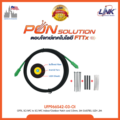 OFTK, SC/APC to SC/APC Indoor/Outdoor Patch cord 3.5mm, SM G.657B3, LSZH ,3M .