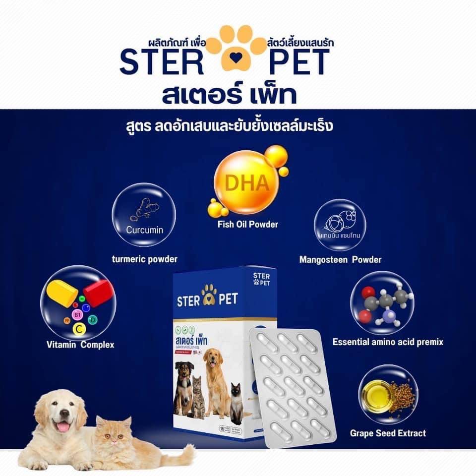 เซตทดลอง สเตอร์ เพ็ท Ster Pet เนื้องอกหมาแมว ก้อนเนื้อหมาแมว มะเร็งสุนัขแมว ลดอักเสบ ลดขนาดก้อนเนื้อ เบื่ออาหาร น้ำหนักลด ไตวายหมาแมว แผลยุบเร็ว ( 15 แคปซูล)