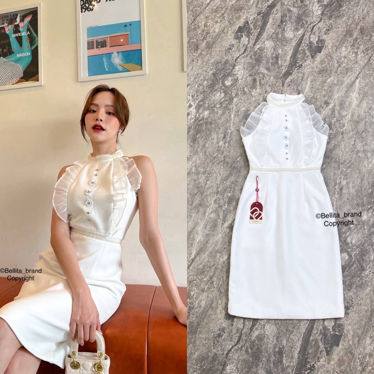 ⟡˒𝓑𝑒𝑙𝑙𝑖𝑡𝑎 เดรสสีขาวเข้ารูปทรงสวย คอกลมแต่งมุก