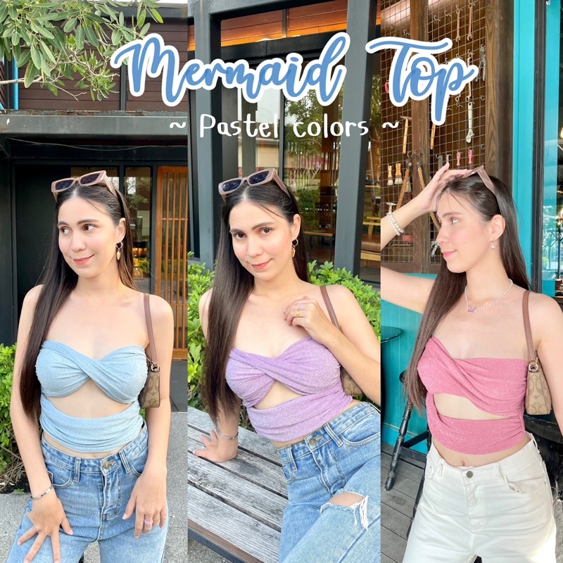 ♥️Mermaid Top♥️ เสื้อเกาะอกผ้ากลิตเตอร์วิ้ง ทรงบิดช่วงอก เข้ารูปทรงสวย สีพาสเทลsummer น่ารักทุกสี งานป้ายพร้อมส่งค่า 🌸