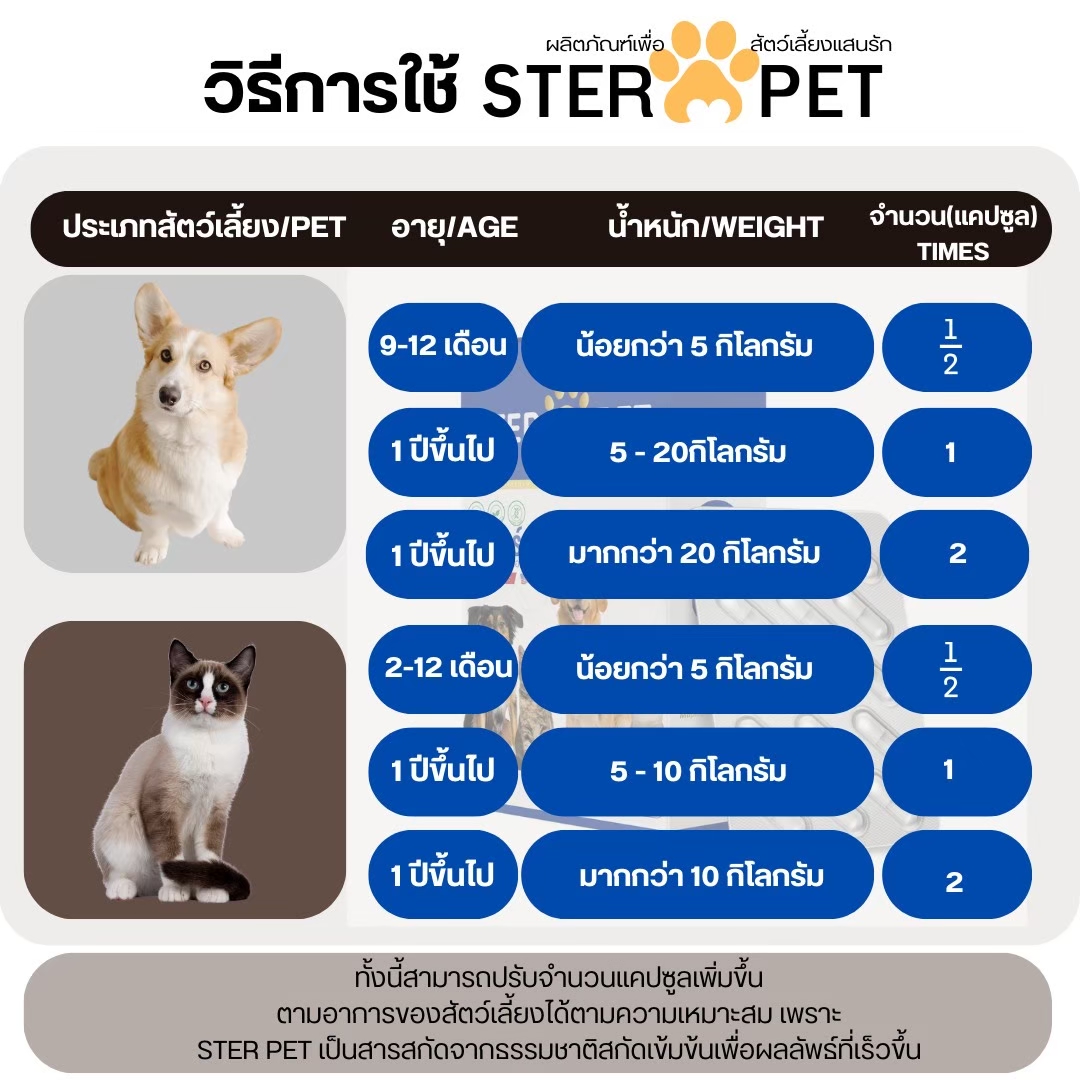 เซตแนะนำ (ชุด 1 เดือน) สเตอร์ เพ็ท Ster Pet เนื้องอกหมาแมว ก้อนเนื้อหมาแมว มะเร็งสุนัขแมว ลดอักเสบ ลดขนาดก้อนเนื้อ ซึม ไม่ร่าเริง เบื่ออาหาร น้ำหนักลด ไตวายหมาแมว แผลยุบเร็ว ( 30 แคปซูล)