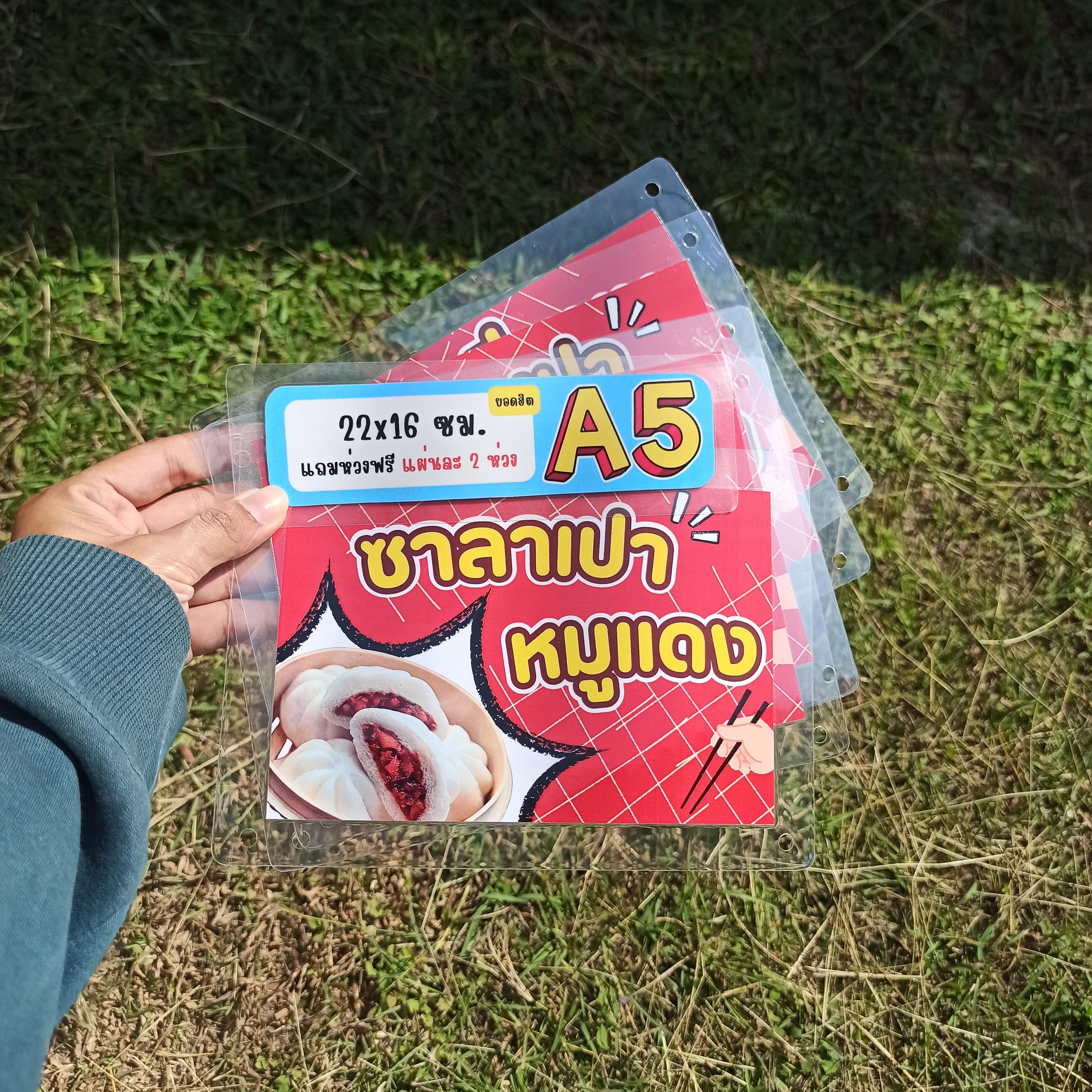 ชุดป้ายเมนู A5 ซาลาเปาและขนมจีบ 6 แผ่น | ซาลาเปาหมูแดง, ซาลาเปาหมูสับ, ซาลาเปาไส้ครีม, ขนมจีบหมูกุ้ง | เพิ่มยอดขายร้านของคุณทันที! | รหัส 4111