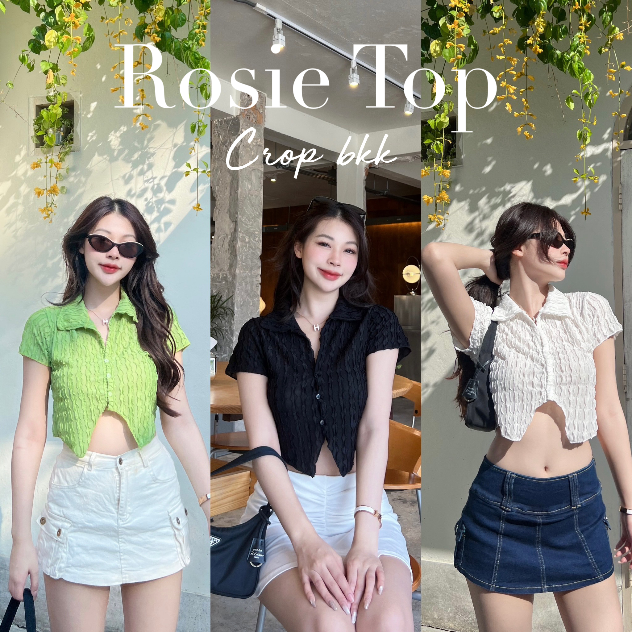 🎄Rosie Top🎄 เสื้อครอปท็อป ผ้าหยักๆ ไม่หนางานพริ้วๆ ดีเทลกระดุม3เม็ดกลางอก Cropbkk♡