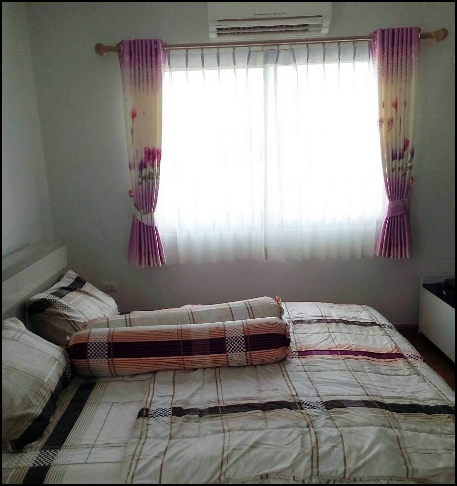 ผ้าม่านตาไก่ และ ผ้าม่านโปร่ง สีม่วง ลายดอกไม้