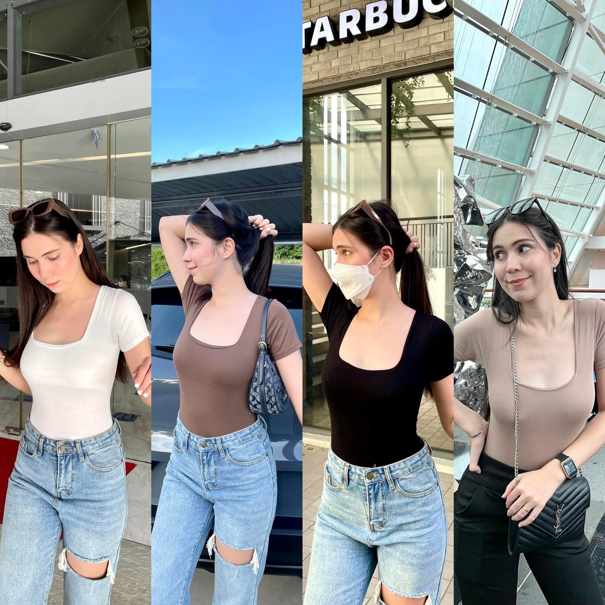 🤎Ariana Bodysuit🤎 บอดี้สูทคอเหลี่ยมเก๋ๆ รุ่นนี้เป็นกระดุมที่เป้าน้า ใส่สวยมากค่ะ คอเหลี่ยมมาแรงสุด สีมีเยอะมากกก