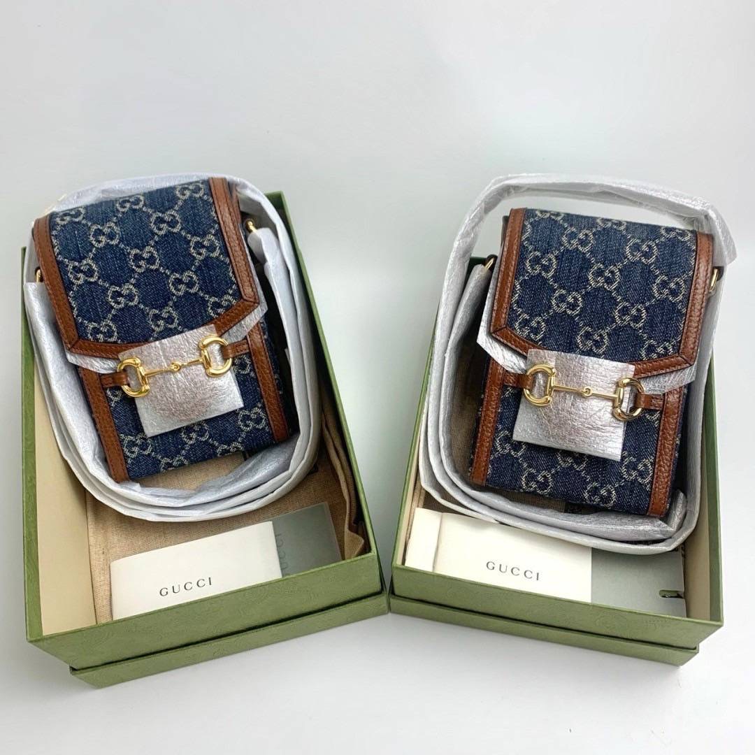New Gucci horsebit 1955 mini bag in blue denim กระเป๋าไซส์มินิรุ่น Horsebit 1955 ขนาด 4.5″W x 6.7″H x 1.6″D เดนิมสีน้ำเงินลาย GG supreme