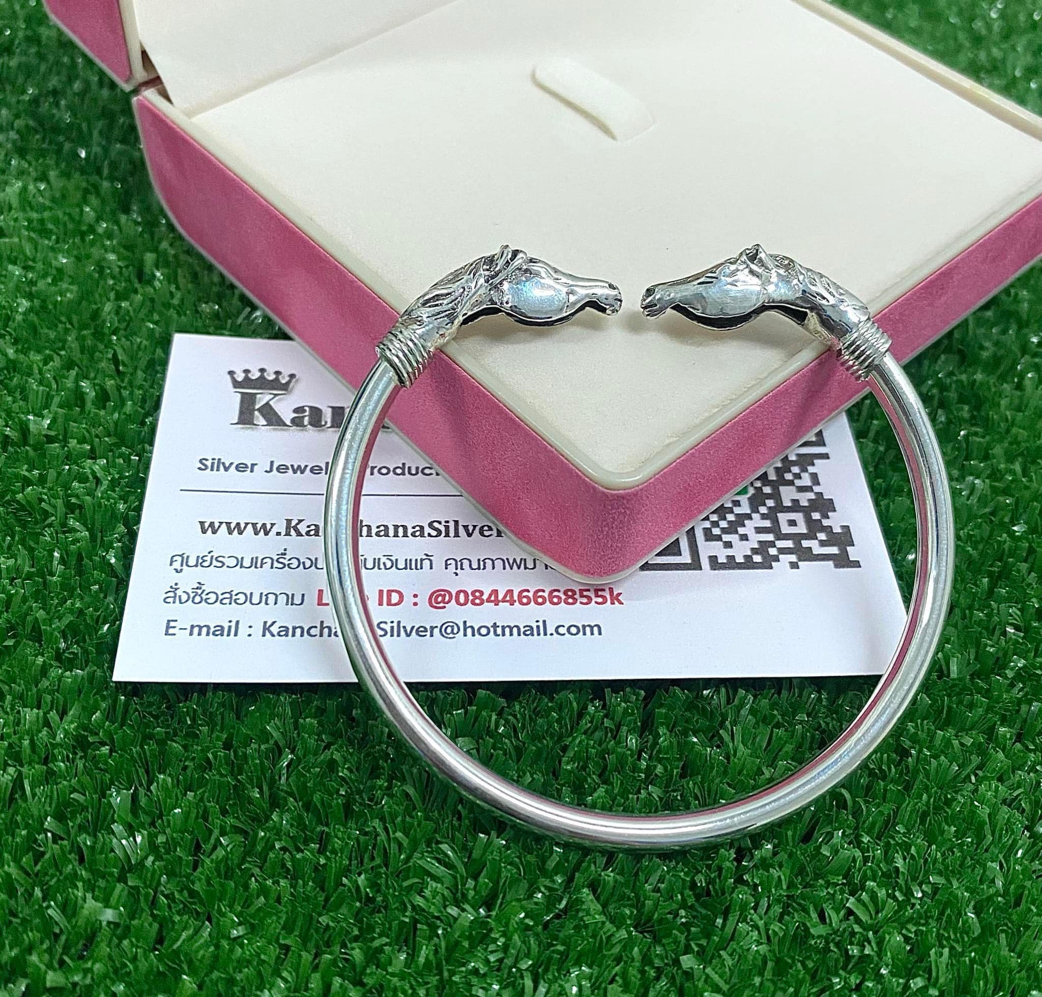 กำไลข้อมือเงินแท้ หัวม้า กำไลหนา 6 มิล เส้นผ่าศูนย์กลางด้านใน 6 ซม.