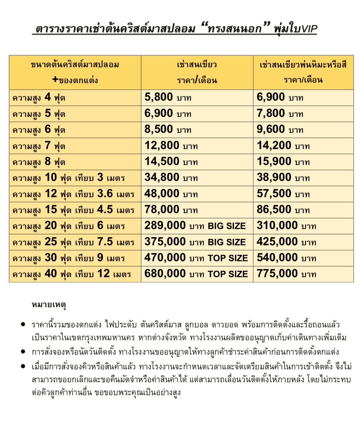 ตารางราคาให้เช่าต้นคริสต์มาสปลอมทรงสน ใบvip