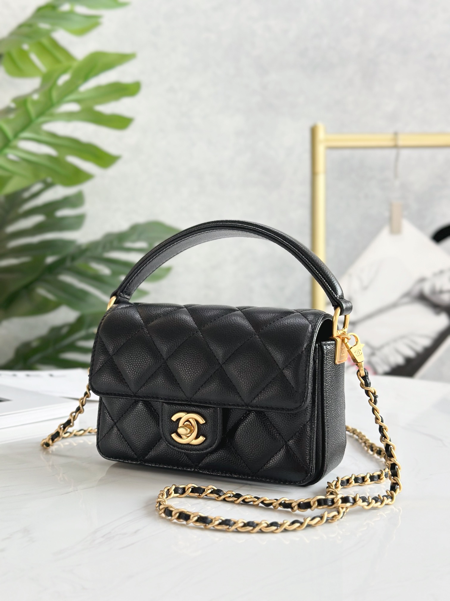 [Pre-order] Chanel Mini Flap Bag With Top Handle Grained Shiny Calfskin & Gold-Tone Metal Black งาน VIP คุณภาพที่ดีที่สุด