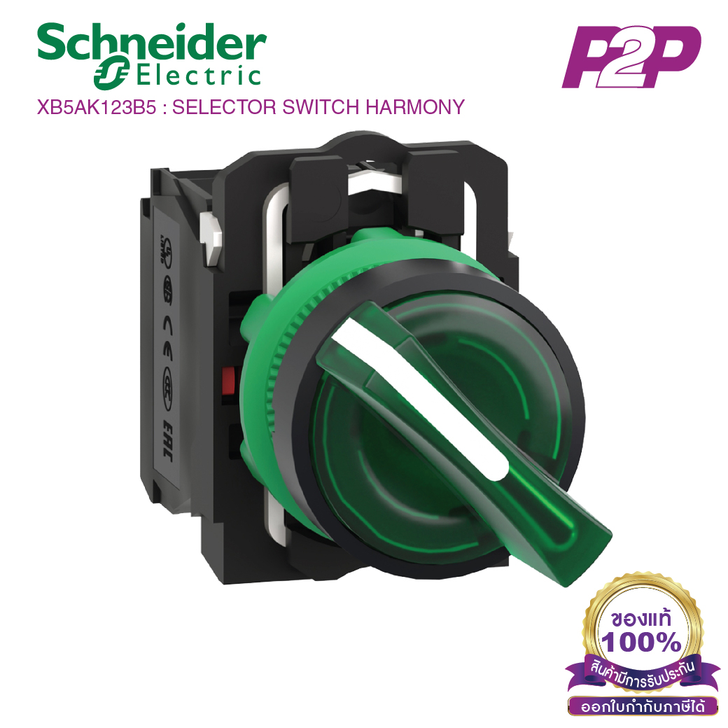 XB5AK123B5 : สวิตซ์ซีเลคเตอร์มีไฟ 2 POS แบบค้าง Ø22mm พลาสติก สีเขียว 24VAC/DC 1NO+1NC - Schneider Electric - Illuminated Selector Switches by pik2pak.com