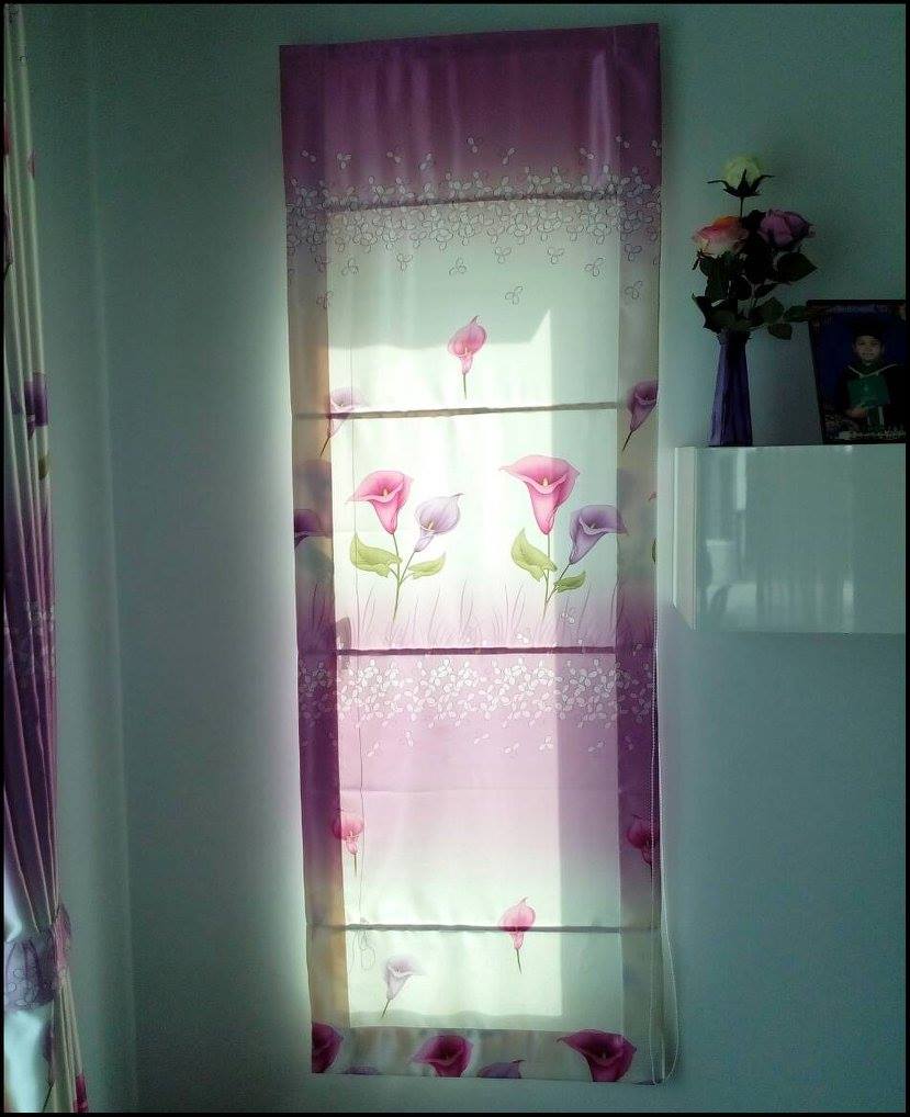 ผ้าม่านตาไก่ และ ผ้าม่านโปร่ง สีม่วง ลายดอกไม้