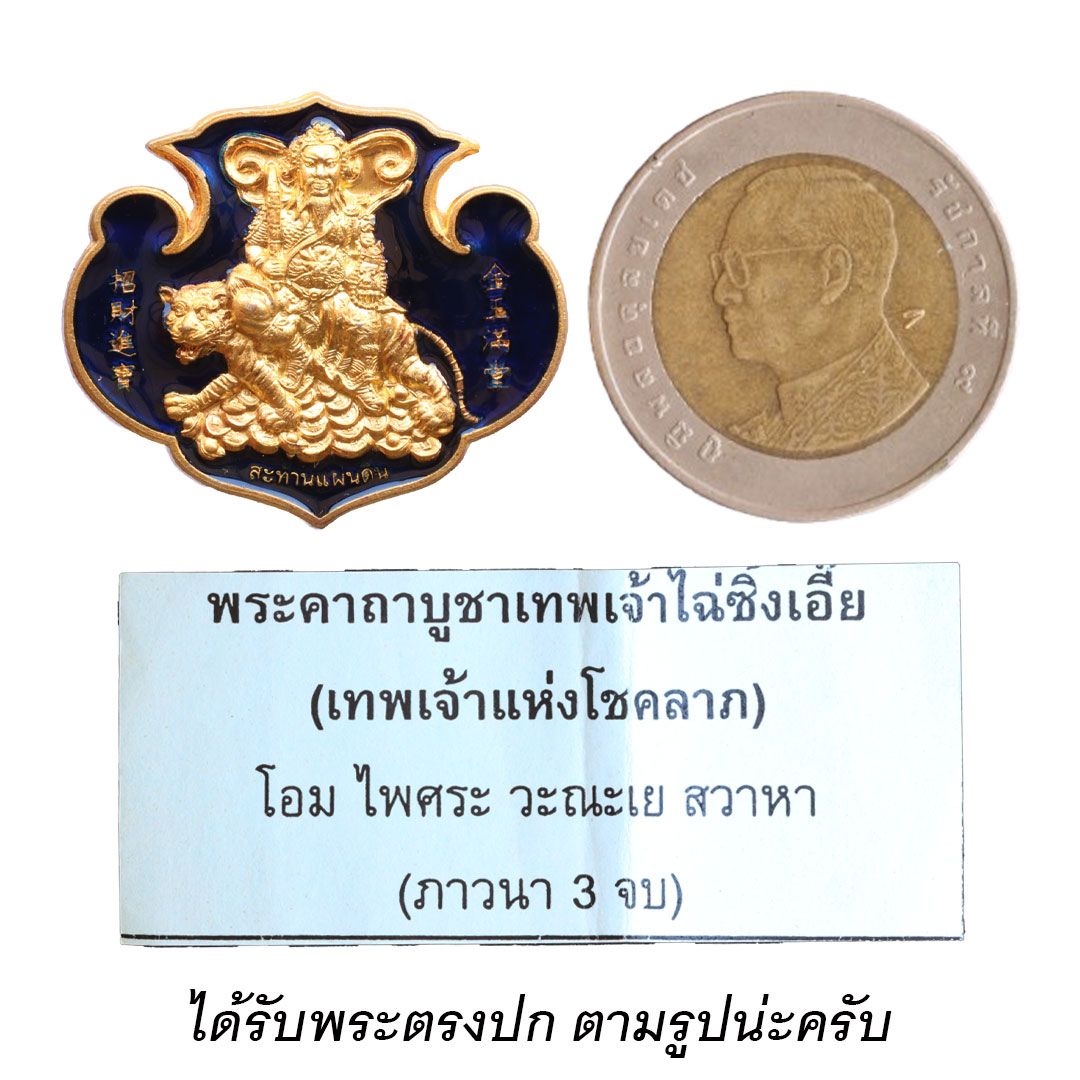 เหรียญกังสดาล เทพเจ้าไฉ่ซิงเอี๊ย วัดเล่งเน่ยยี่ ปี2553 เนื้อทองเหลือง ลงยาน้ำเงิน (พิมพ์ใหญ่)