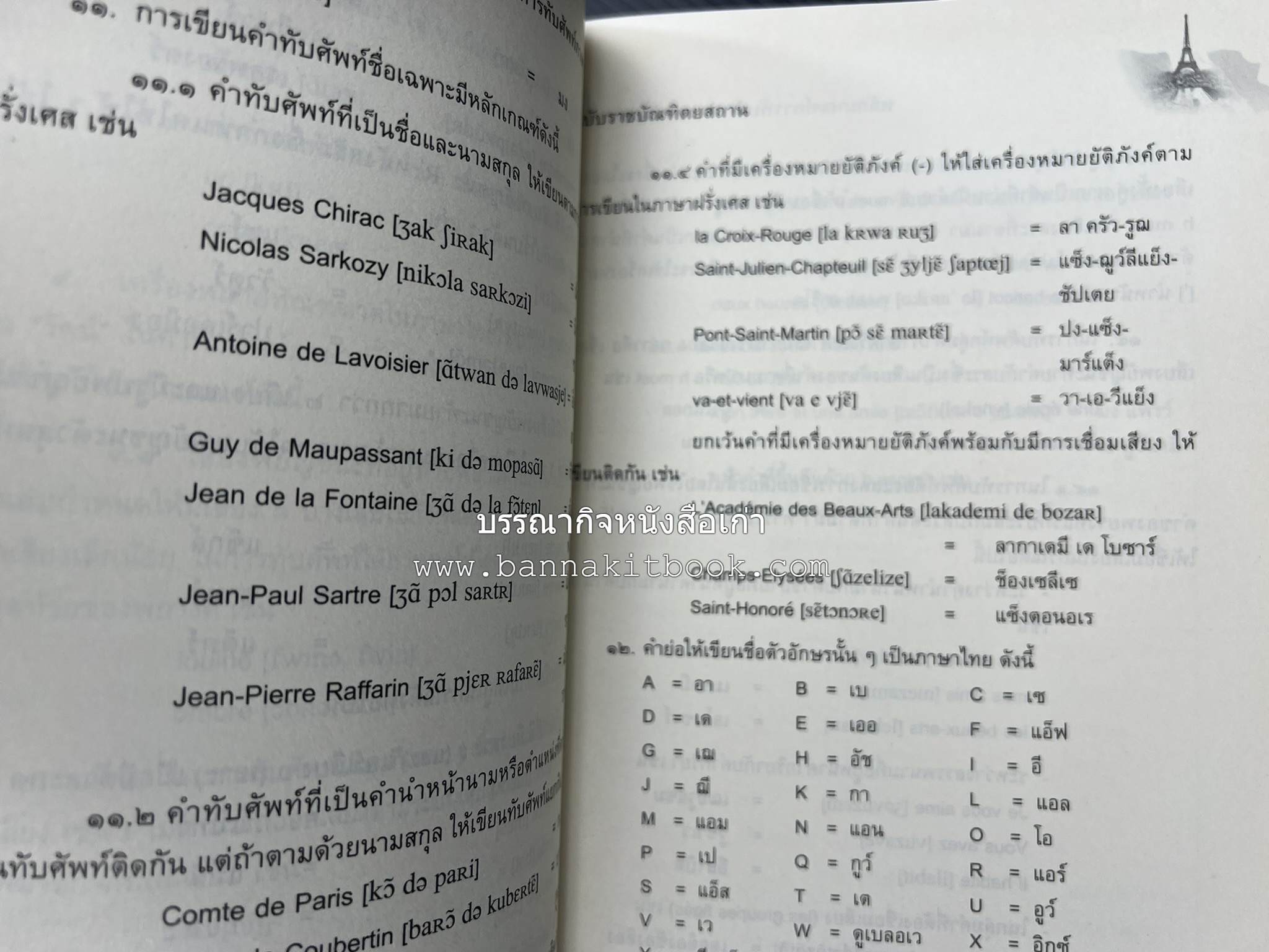 ภาษาฝรั่งเศส : หลักเกณฑ์การทับศัพท์ ฉบับราชบัณฑิตยสถาน โดย : ศาสตราจารย์ ดร.ปัญญา บริสุทธิ์ ราชบัณฑิตยสถาน.