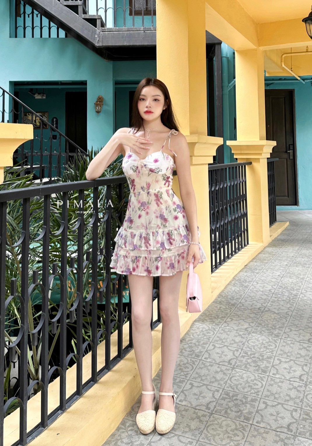 เดรสสายเดี่ยวผูกโบว์ลายน่ารักมากก