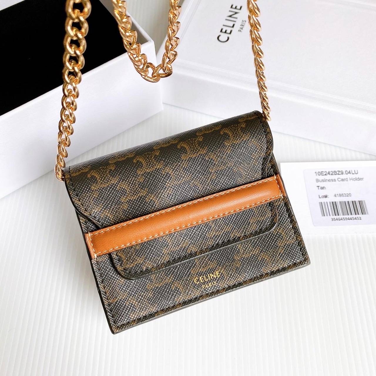 New Celine business card holder tan อุปกรณ์ กล่อง ถุงผ้า การ์ด ถุงกระดาษ สำเนาใบเสร็จปี 22 **แถมสายโซ่ครอสบอดี้**