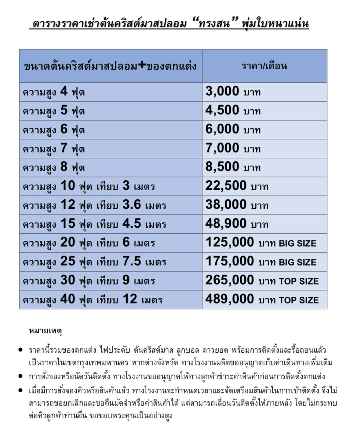 ตารางราคาเช่าต้นคริสต์มาสปลอมทรงสนใบแน่น ติดตั้งตกแต่ง รื้อถอน ราคาแห่งประเทศไทย