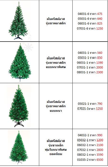 ตารางราคา้ตนคริสต์มาสปลอม ในแต่ละขนาดและรูปแบบ