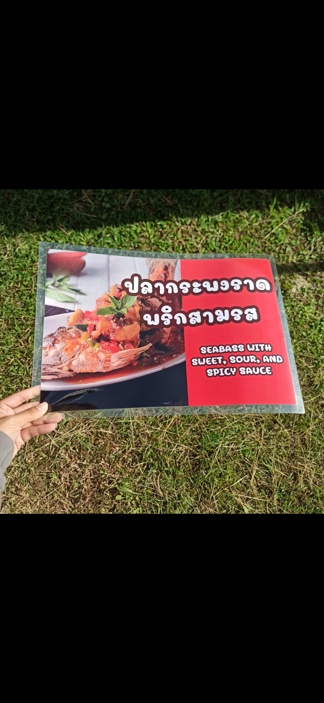 ชุดป้ายเมนู A3 อาหารทะเล 7 แผ่น | ผักบุ้งไฟแดง, กะหล่ำปลีทอดน้ำปลา, ปลากระพงทอดน้ำปลา, ปลากระพงนึ่งมะนาว | เพิ่มยอดขายร้านของคุณทันที! | รหัส 3977