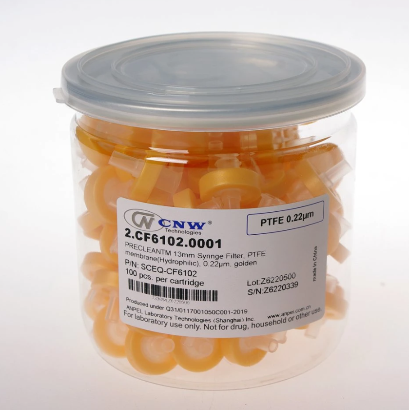 13 mm. 0.22 um PTFE (hydrophilic) Syringe filter (100/pk) P/N 2.CF6102.0001