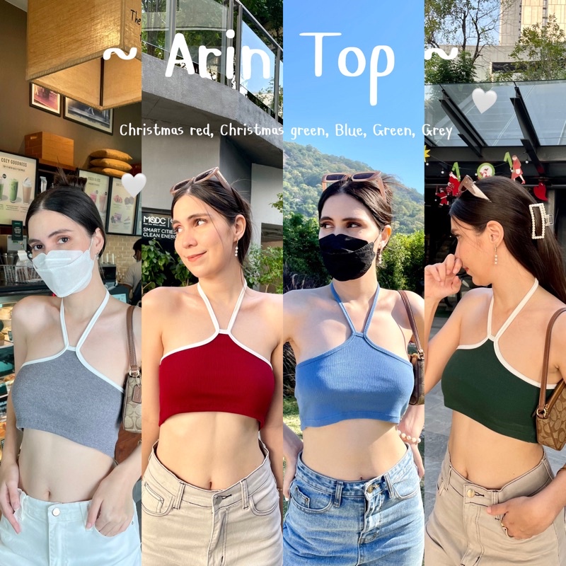 🍦Arin Top🍦 เสื้อครอปคล้องคอ ผ้าร่องยืดได้เยอะมาก ใส่สบาย พร้อมส่งค่า