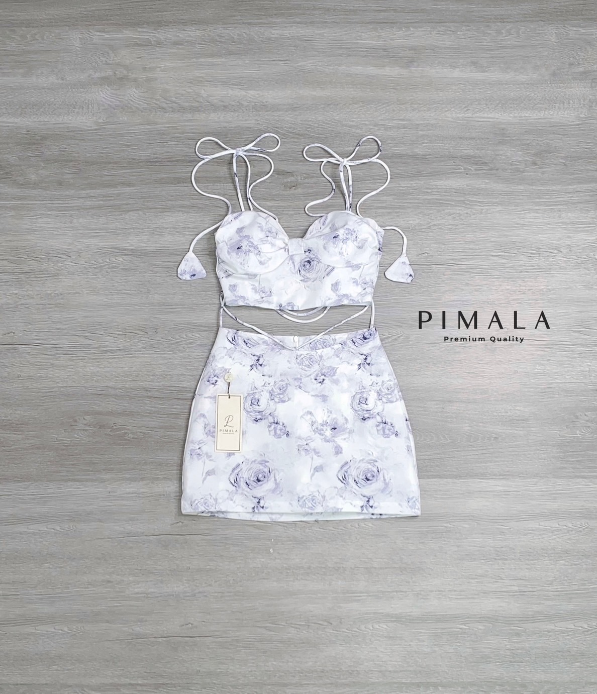 SETเสื้อสายเดี่ยวสายผูกโบว์ปรับระดับได้