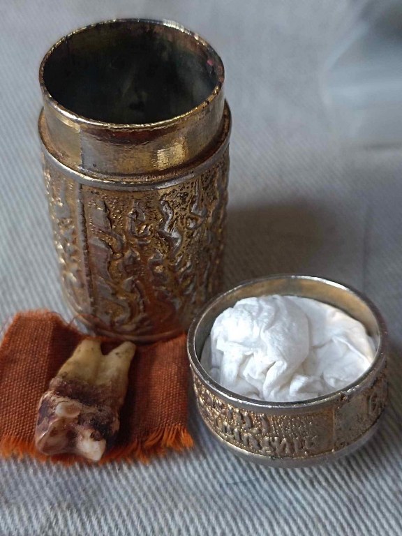 พระทันตธาตุครูบาแสง วัดร่องช้าง จ.ลำพูน ได้มาจากลุงประสิทธิ์ อดีตนายอำเภอ เวียงหนองล่อง อายุ 74 ปี เล่าว่าได้มา เมื่อสมัยที่ท่านเป็นปลัดอำเภอ อ.ป่าซาง เมื่อปี 2532 ได้จากผู้ช่วยผู้ใหญ่บ้านใน อ.ป่าซาง ซื่อว่าวิโรจน์ซึ่งมีศักดิ์เป็นหลานครูบาแสง