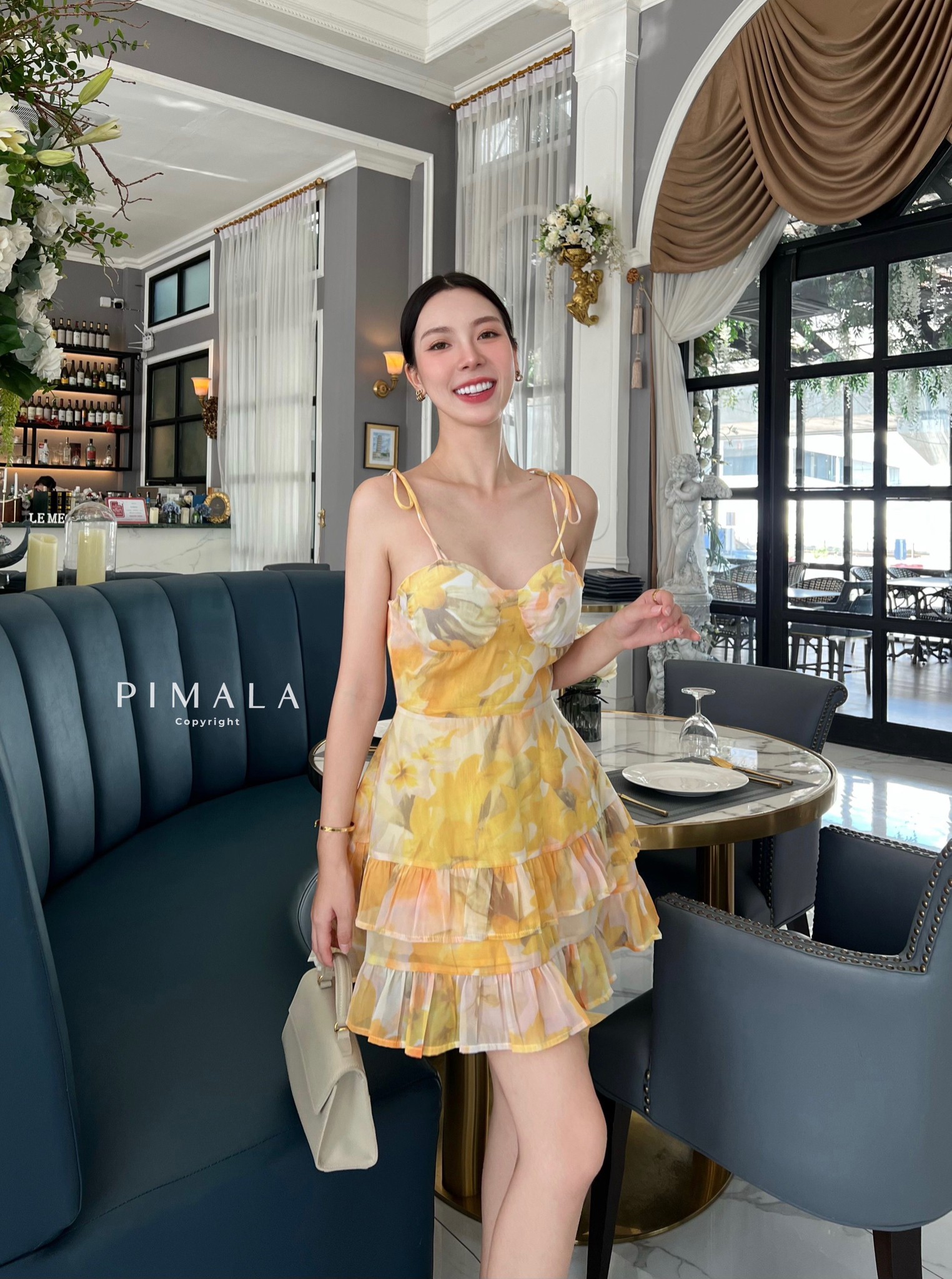 เดรสสายเดี่ยวผูกโบว์ปรับระดับได้เลยน้า (เหลือง)