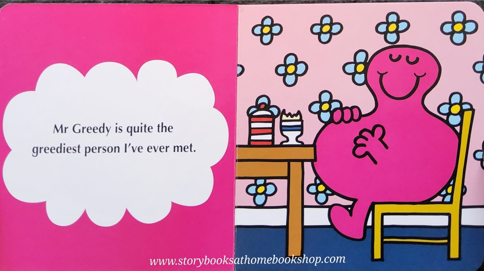 BOARD BOOK ** 👉LITTLE MISS&MR.MEN👍 🍅🍅HERE COMES MR.GREEDY by Roger Hargreaues