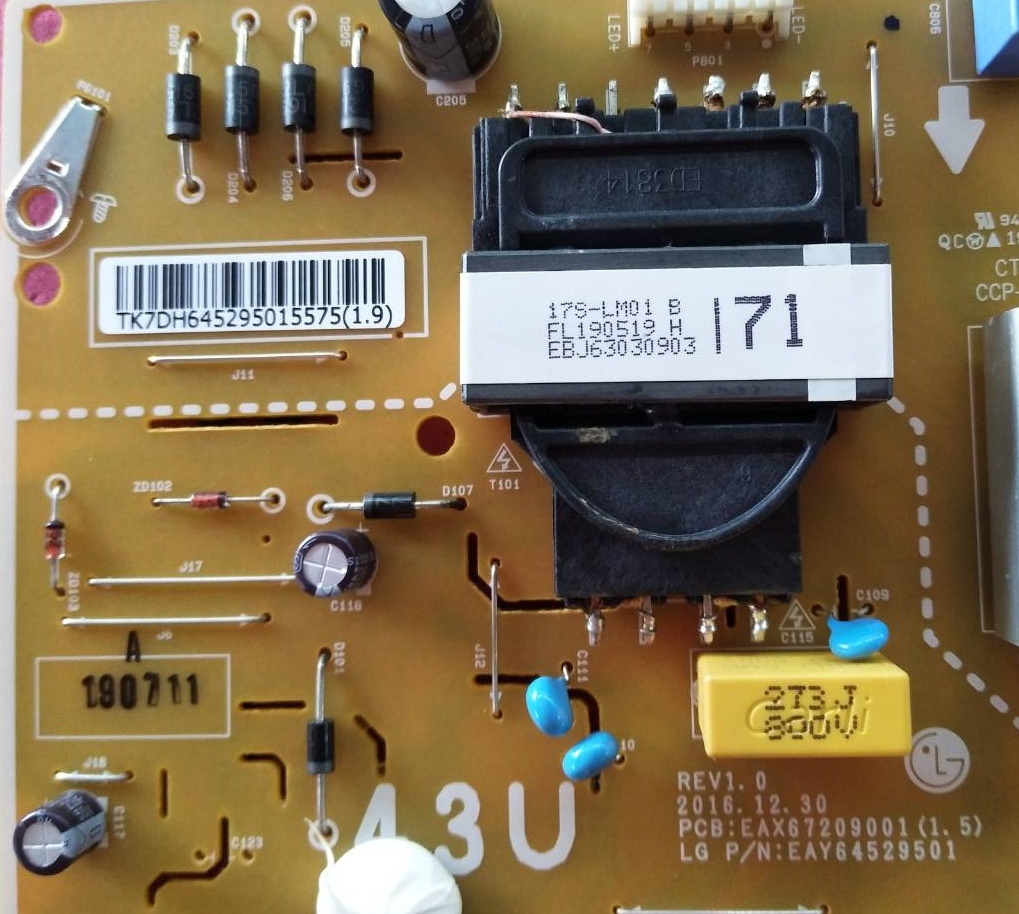 เพาเวอร์ซัพพลายทีวี LG (แอลจี) ของแท้ถอดจากเครื่อง รุ่น 43UM7100PTA 43UK6300 พาร์ท EAY64529501 EAX67209001