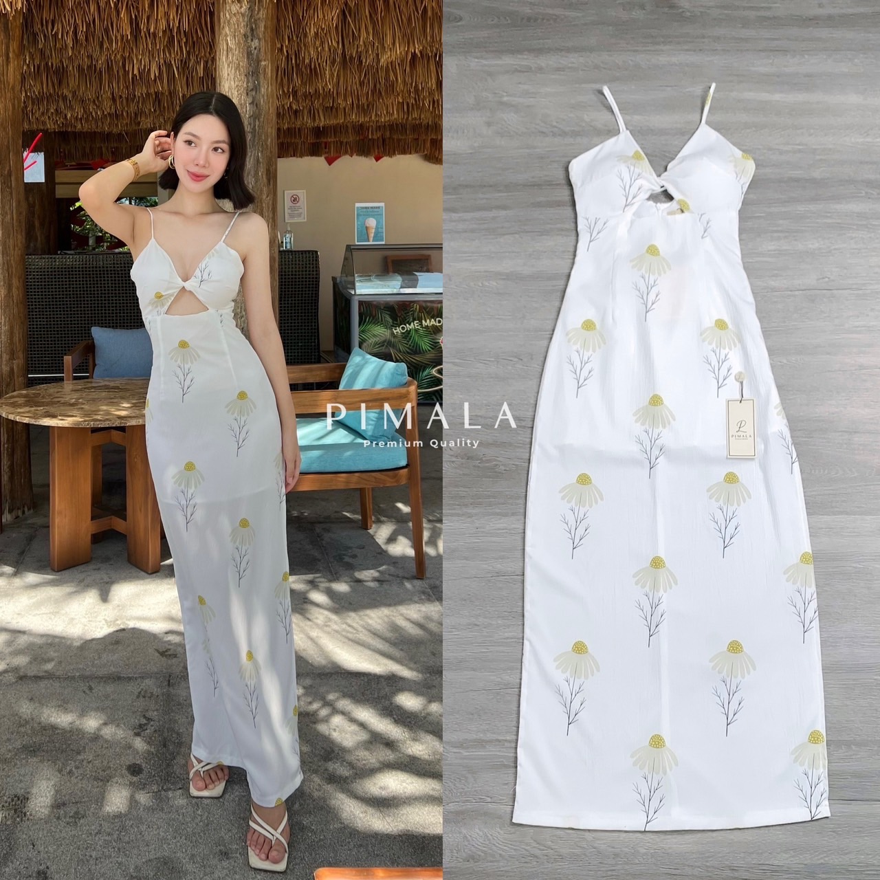 Maxi dressเดรสยาวสายเดี่ยวผูกโบว์ด้านหลังสายปรับได้