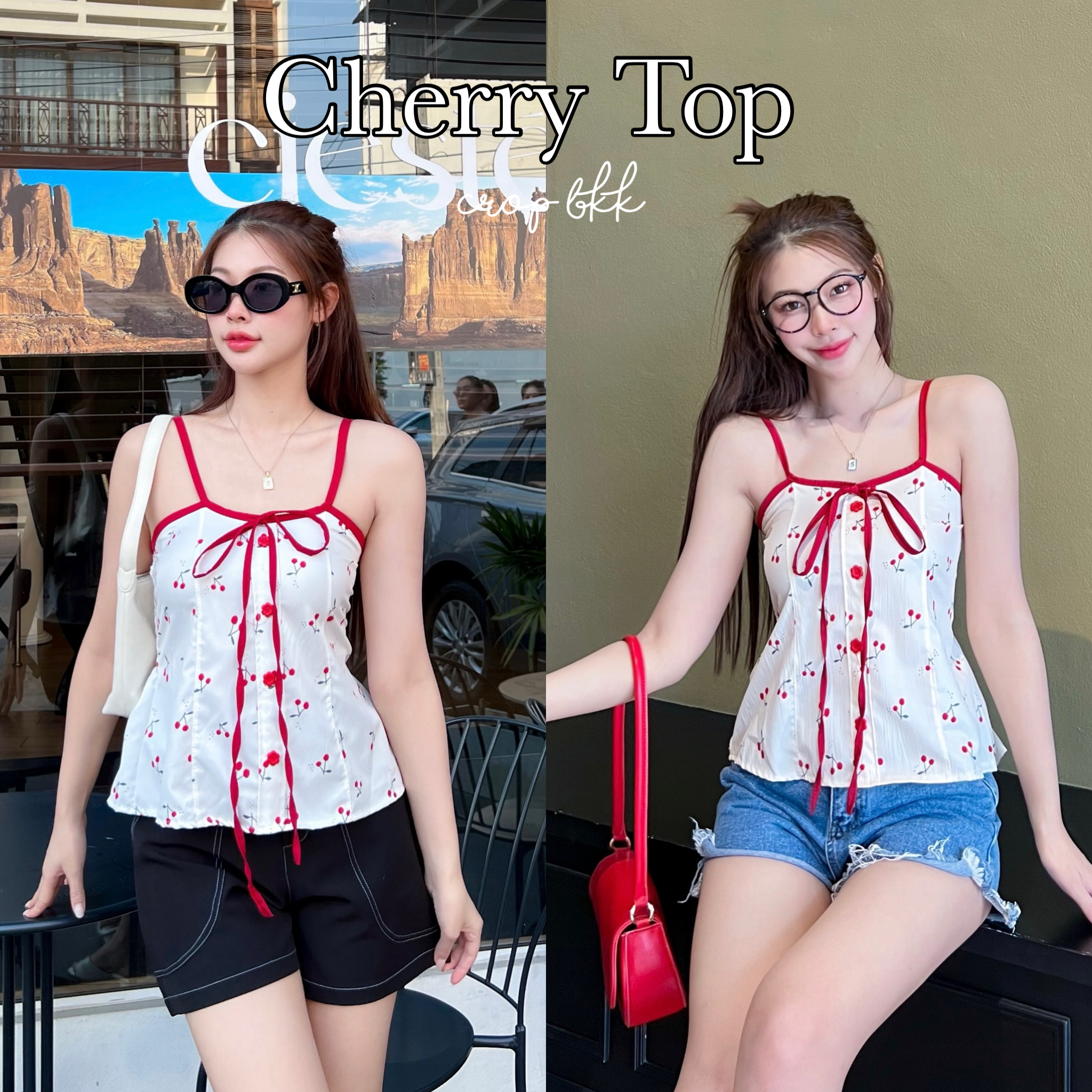🍒Cherry Top🍒 เสื้อสายเดี่ยวลายเชอรี่ แต่งโบว์ น่ารักมาก