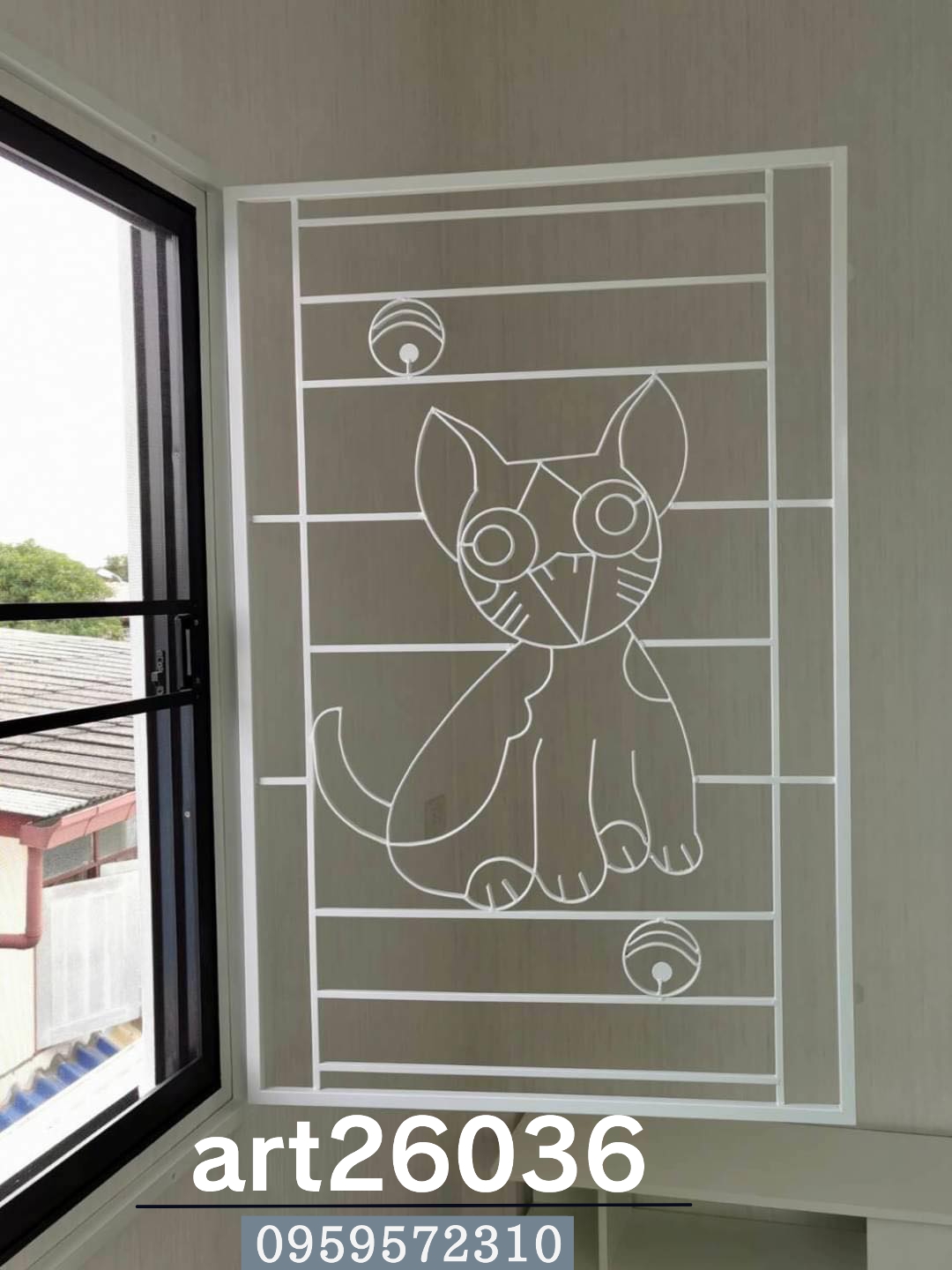 เหล็กดัดพร้อมมุ้งลวด กระจกบานเลื่อน ลายการ์ตูนแมว น่ารัก