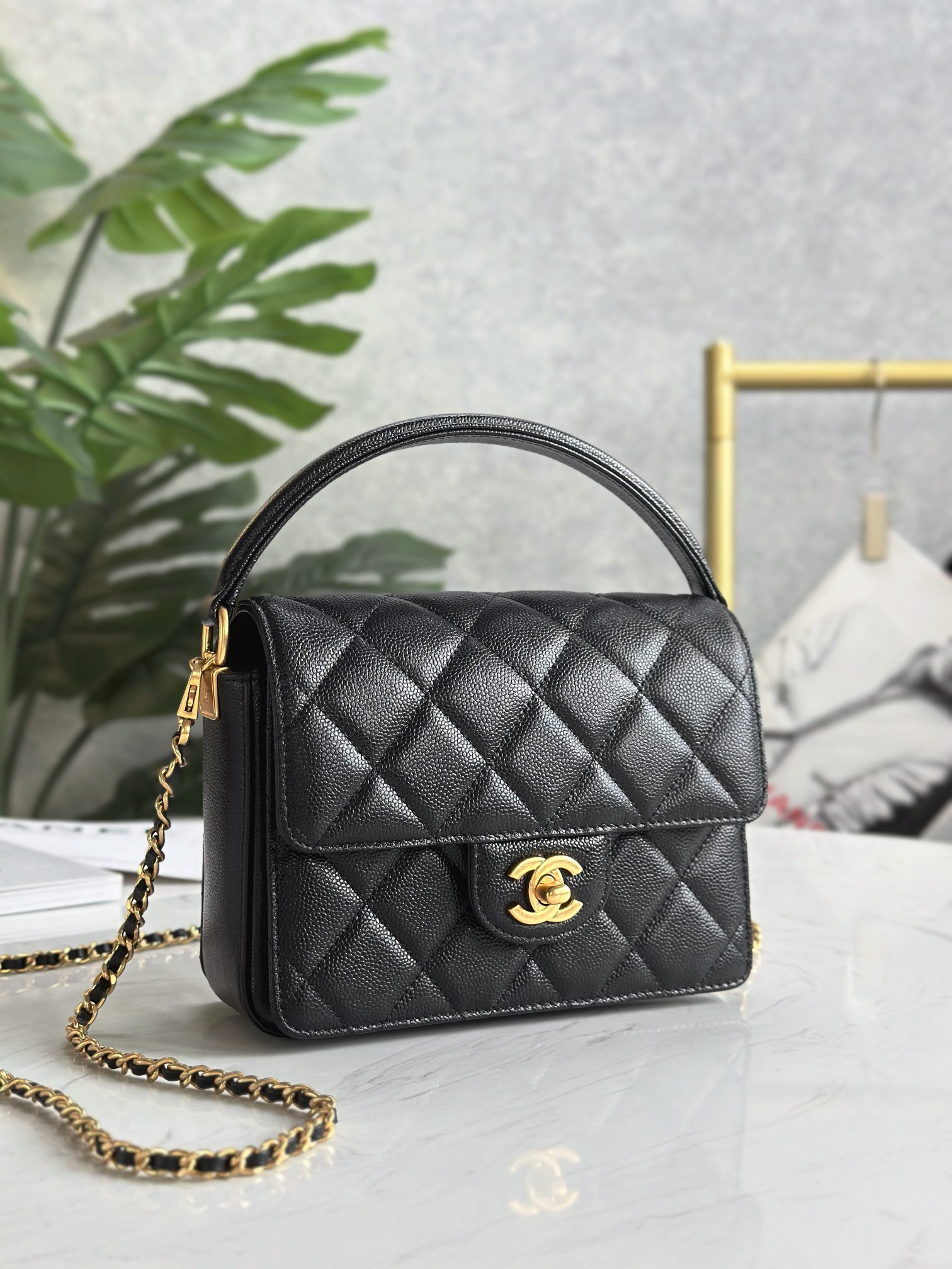[Pre-order] Chanel Small Flap Bag With Top Handle Grained Shiny Calfskin & Gold-Tone Metal Black งาน VIP คุณภาพที่ดีที่สุด