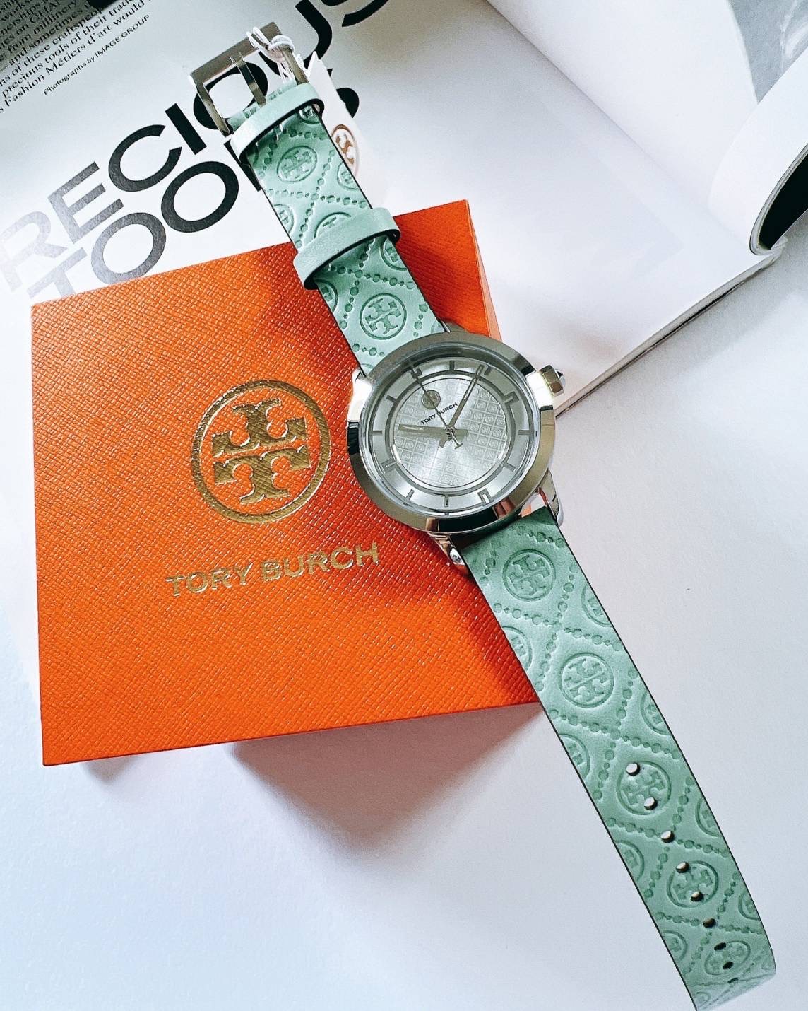 กล่อง ws New TORY BURCH | Light green Women's Wrist Watch สายหนังแท้ ลาย Tory
