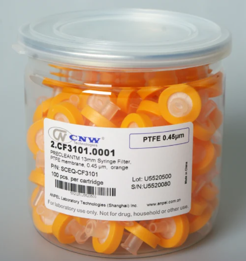 13 mm. 0.45 um PTFE (hydrophobic) Syringe filter (100/pk) P/N 2.CF3101.0001